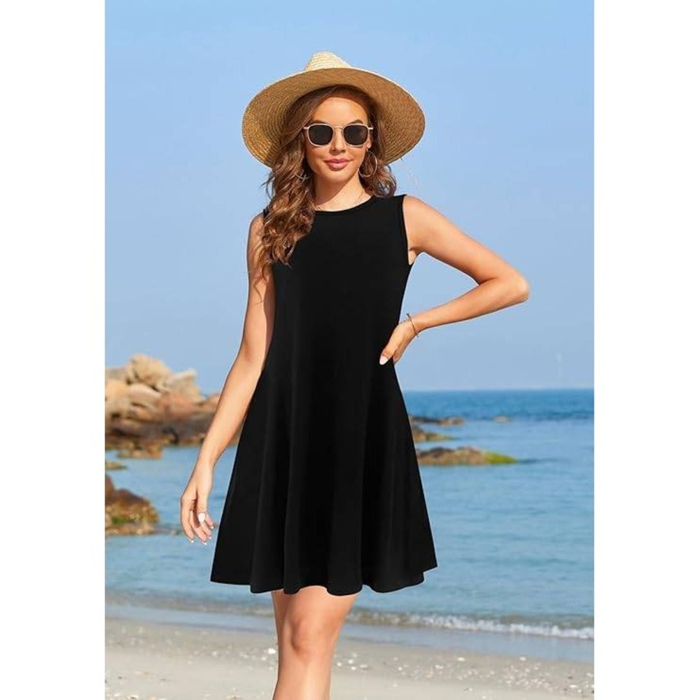 Womens Black Sleeveless Casual Dress Comfortable A‎ Line Fit and Flare L